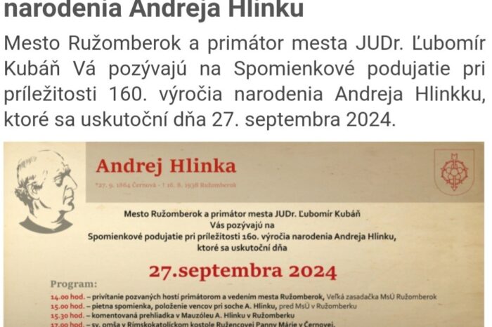 Spomienkové podujatie - 160 rokov od narodenia Andreja Hlinku